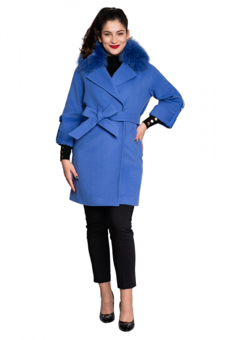 Palton de blană naturală și cașmir Bean scurt albastru [5]
