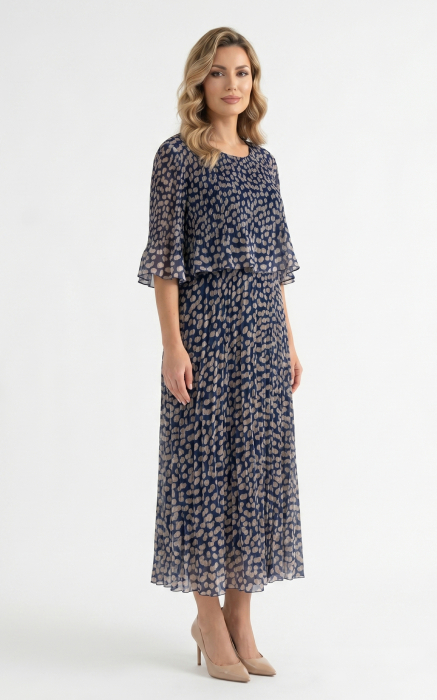 Rochie din voal vaporos cu elastic in talie Ginny midi bleumarin-buline [2]