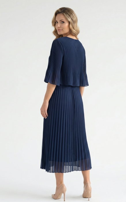 Rochie din voal vaporos cu elastic in talie Ginny midi bleumarin-uni [2]