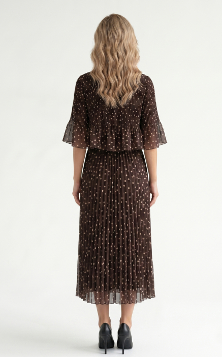 Rochie din voal vaporos cu elastic in talie Ginny midi maro-buline-mici [2]