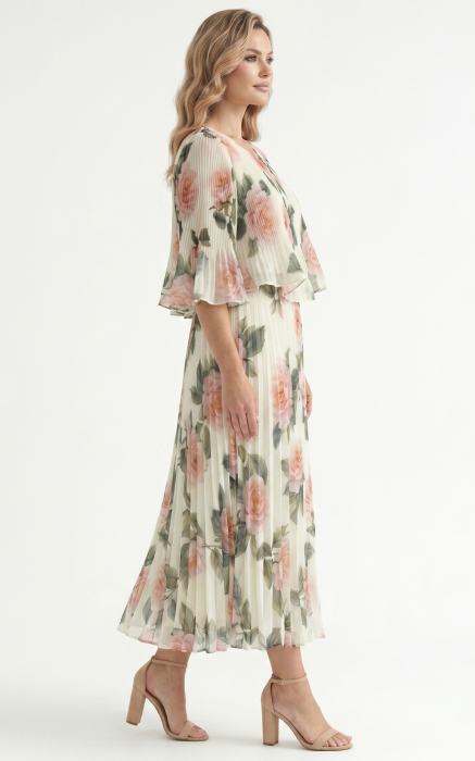 Rochie din voal vaporos cu elastic in talie Ginny midi trandafiri [2]