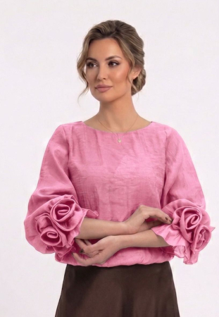 Bluze de dama - Bluza din batist cu trandafiri Genevie roz