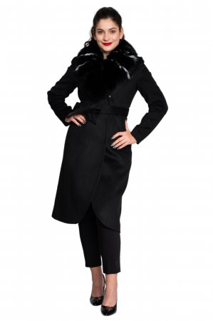 Palton de lână si blană naturală Averie midi negru [4]