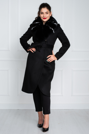 Palton de lână si blană naturală Averie midi negru [0]