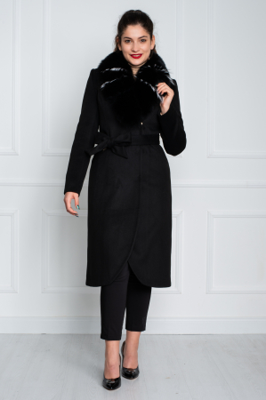 Palton de lână si blană naturală Averie midi negru [1]