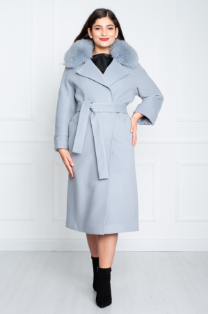 Palton de blană naturală și cașmir Aviana midi bleu [0]