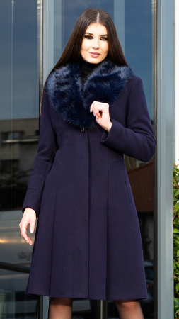 Paltoane de dama - Palton de lână si blană vegană Sentierri 804 bleumarin