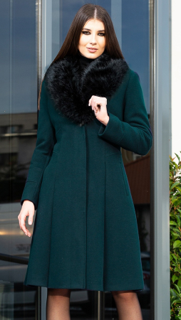 Paltoane de dama - Palton de lână si blană vegană Sentierri 804 verde-smarald
