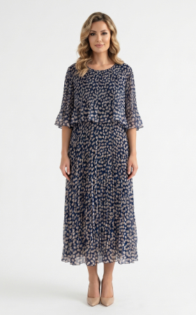 Rochii de toamna - Rochie din voal vaporos cu elastic in talie Ginny midi bleumarin-buline