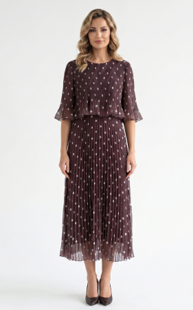 Rochii de toamna - Rochie din voal vaporos cu elastic in talie Ginny midi maro-buline