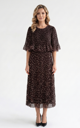Rochii de toamna - Rochie din voal vaporos cu elastic in talie Ginny midi maro-buline-mici