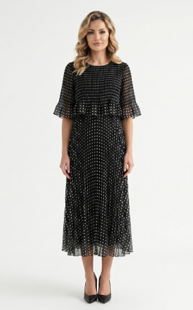 Rochii de toamna - Rochie din voal vaporos cu elastic in talie Ginny midi negru-buline