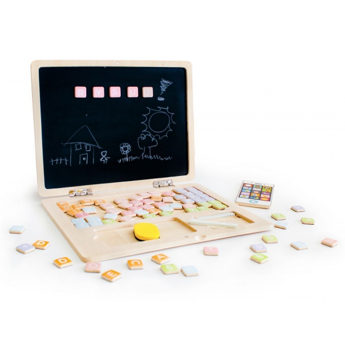 Laptop educational din lemn cu magnet si taste din lemn Ecotoys G068 - Alb [5]