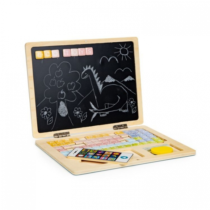 Laptop educational din lemn cu magnet si taste din lemn Ecotoys G068 - Alb [3]