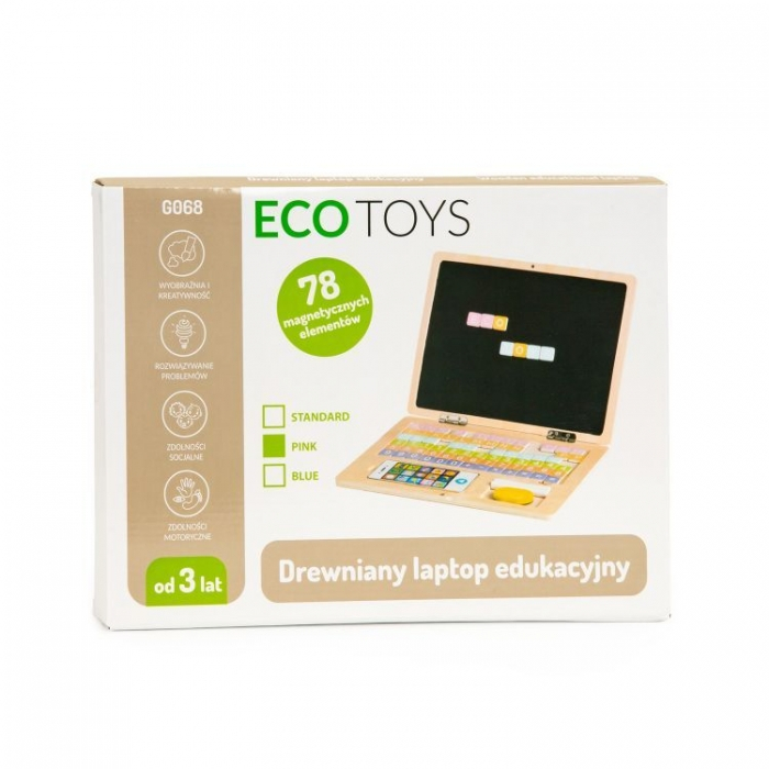 Laptop educational din lemn cu magnet si taste din lemn Ecotoys G068 - Roz [4]