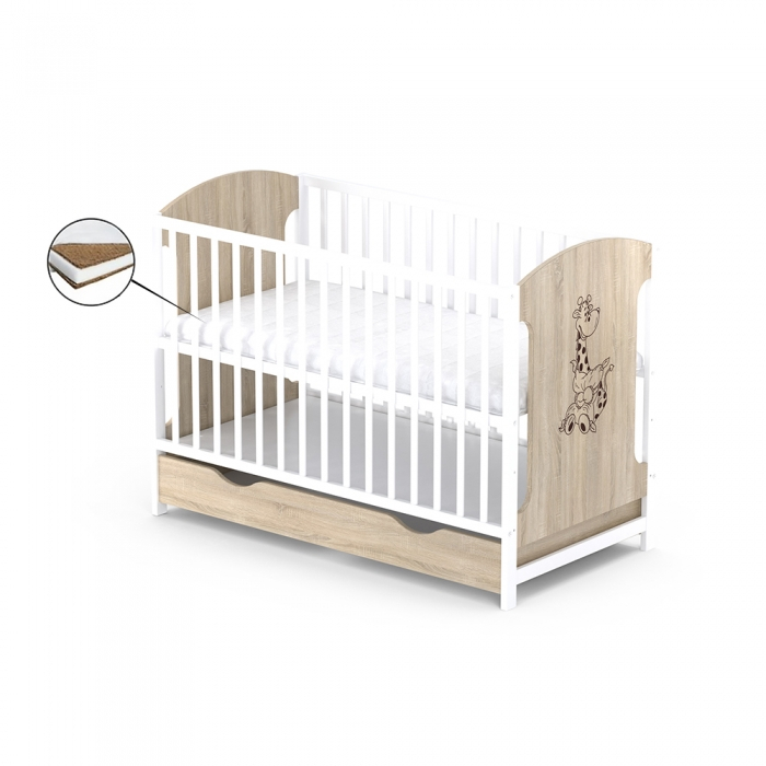 Patut cu sertar VESSANTI MILO GIRAFA - Stejar cu alb + Saltea Cocos 10 cm [1]