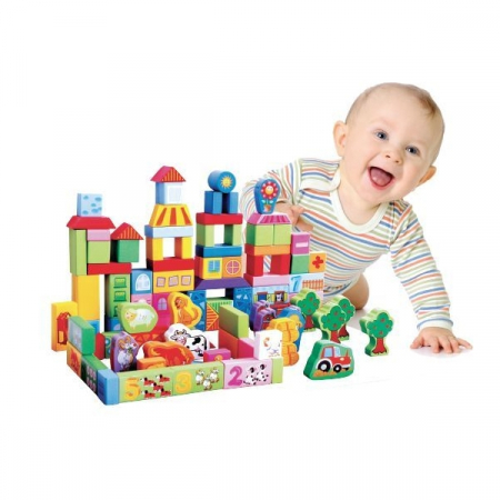 Blocuri de lemn educationale ECOTOYS 100 de piese Ferma [1]