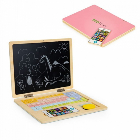 Laptop educational din lemn cu magnet si taste din lemn Ecotoys G068 - Roz [1]