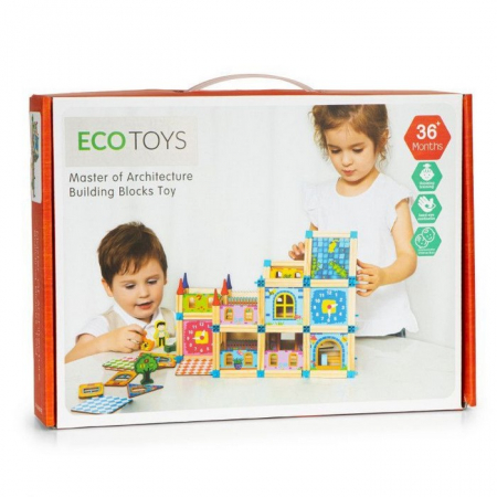 Set de constructii casa 6 in 1 din blocuri din lemn Ecotoys MA429 [4]