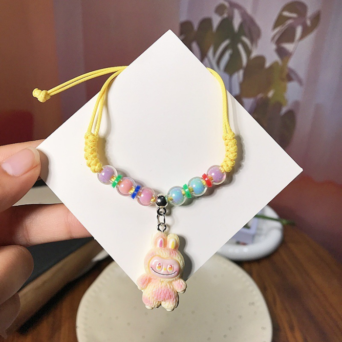 Brățară Reglabilă cu Mărgele Colorate și Pandantiv Tip Labubu Galben - Accesoriu Copii [2]