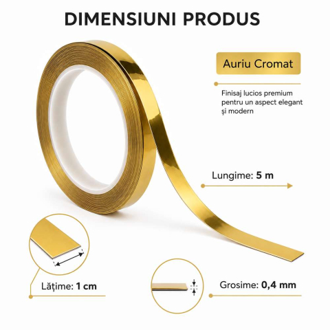 Bandă decorativă autoadezivă din inox Auriu Cromat, 5 m x 1 cm x 0,4 mm [3]