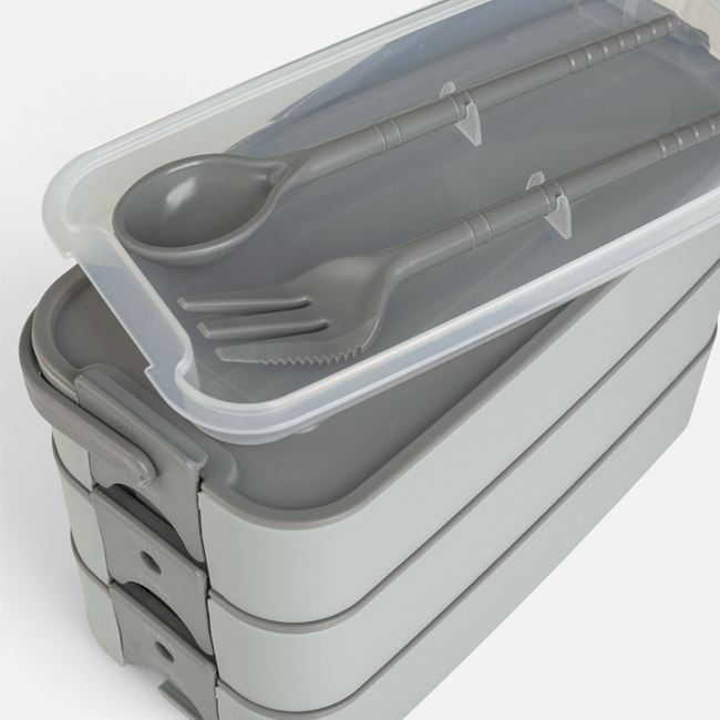 Caserolă Bento gri 3 niveluri 3 x 420 ml cu tacâmuri [4]