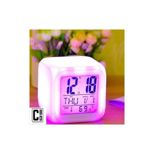 Ceas Multifunctional pentru Birou si Noptiera, CBD CORAL BEST DEALS, Digital, cu Termometru si Alarma, Iluminare LED 8 culori Disponibile, Dimensiuni Compacte 8x8x8 cm [16]
