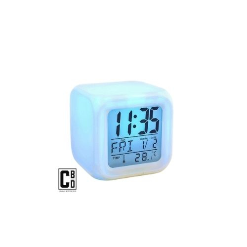 Ceas Multifunctional pentru Birou si Noptiera, CBD CORAL BEST DEALS, Digital, cu Termometru si Alarma, Iluminare LED 8 culori Disponibile, Dimensiuni Compacte 8x8x8 cm [1]
