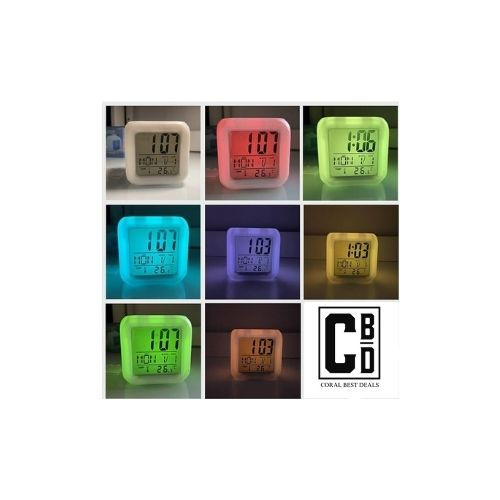 Ceas Multifunctional pentru Birou si Noptiera, CBD CORAL BEST DEALS, Digital, cu Termometru si Alarma, Iluminare LED 8 culori Disponibile, Dimensiuni Compacte 8x8x8 cm [15]