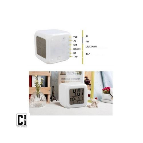 Ceas Multifunctional pentru Birou si Noptiera, CBD CORAL BEST DEALS, Digital, cu Termometru si Alarma, Iluminare LED 8 culori Disponibile, Dimensiuni Compacte 8x8x8 cm [11]
