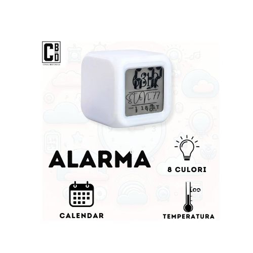 Ceas Multifunctional pentru Birou si Noptiera, CBD CORAL BEST DEALS, Digital, cu Termometru si Alarma, Iluminare LED 8 culori Disponibile, Dimensiuni Compacte 8x8x8 cm [9]