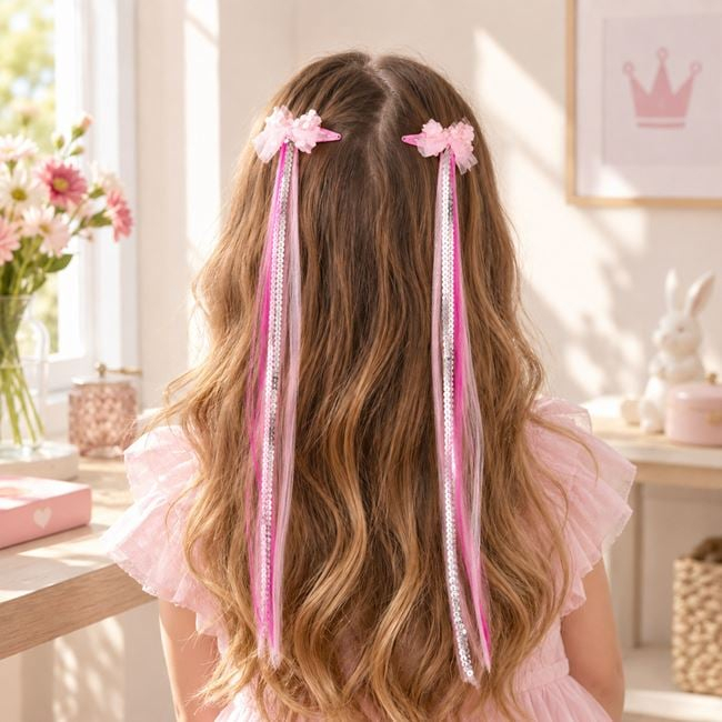 Clame de Păr cu Fundițe si Șuvițe Lungi pentru Copii 35cm – 2buc [2]