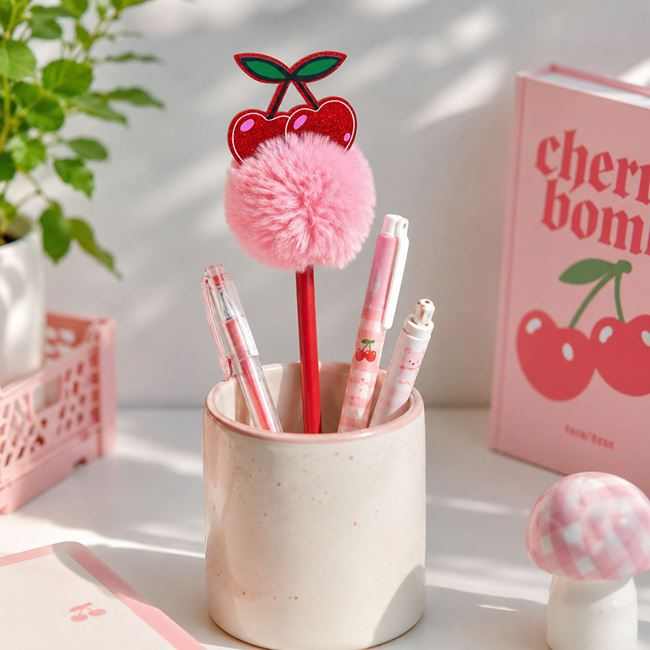 Creion Rosu cu Pompon Roz & Cireșe cu Sclipici 23cm [2]