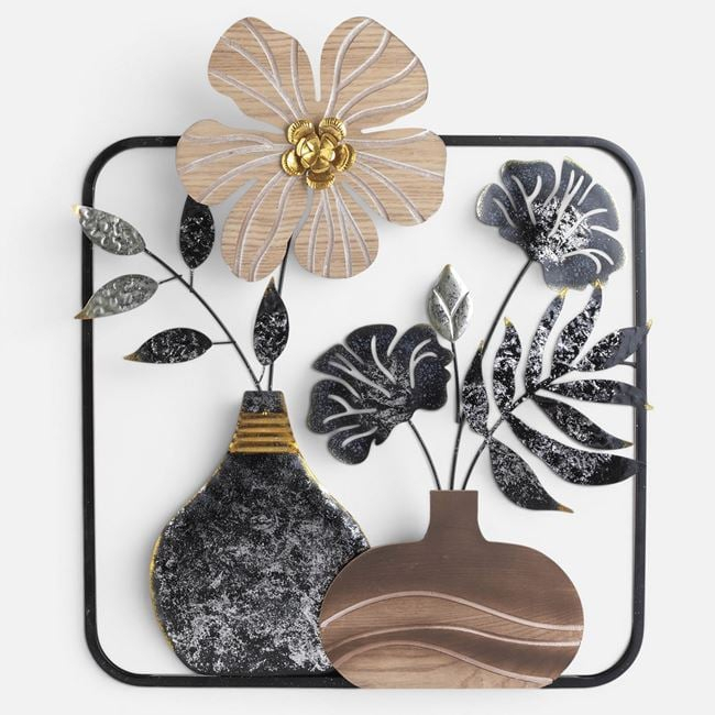 Decorațiune de perete cu vaze și flori din metal și lemn 50 x 60 cm [2]