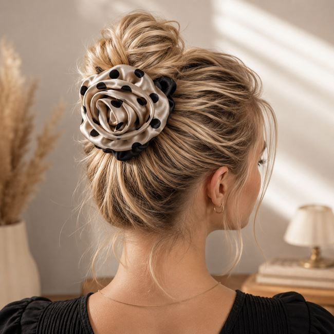 Elastic Păr Negru & Bej cu Floare pentru Femei [2]