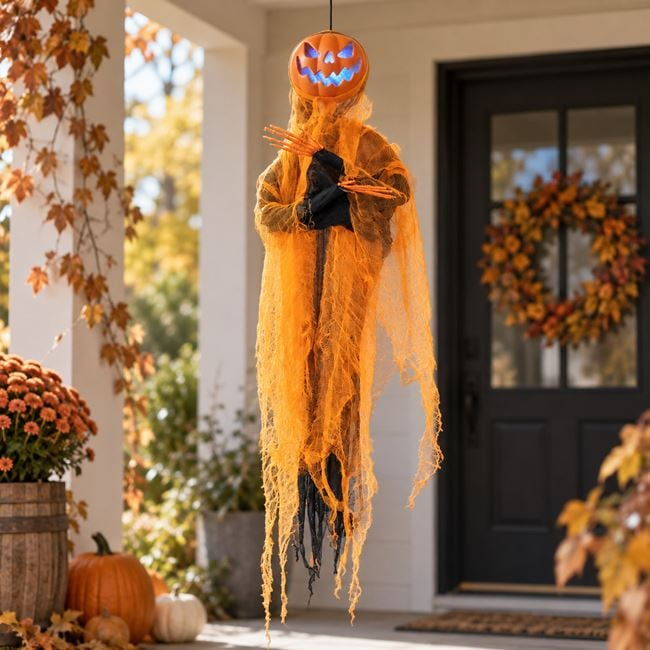 Fantomă decorativă Halloween portocaliu-negru cu mișcare, lumină și sunet [2]
