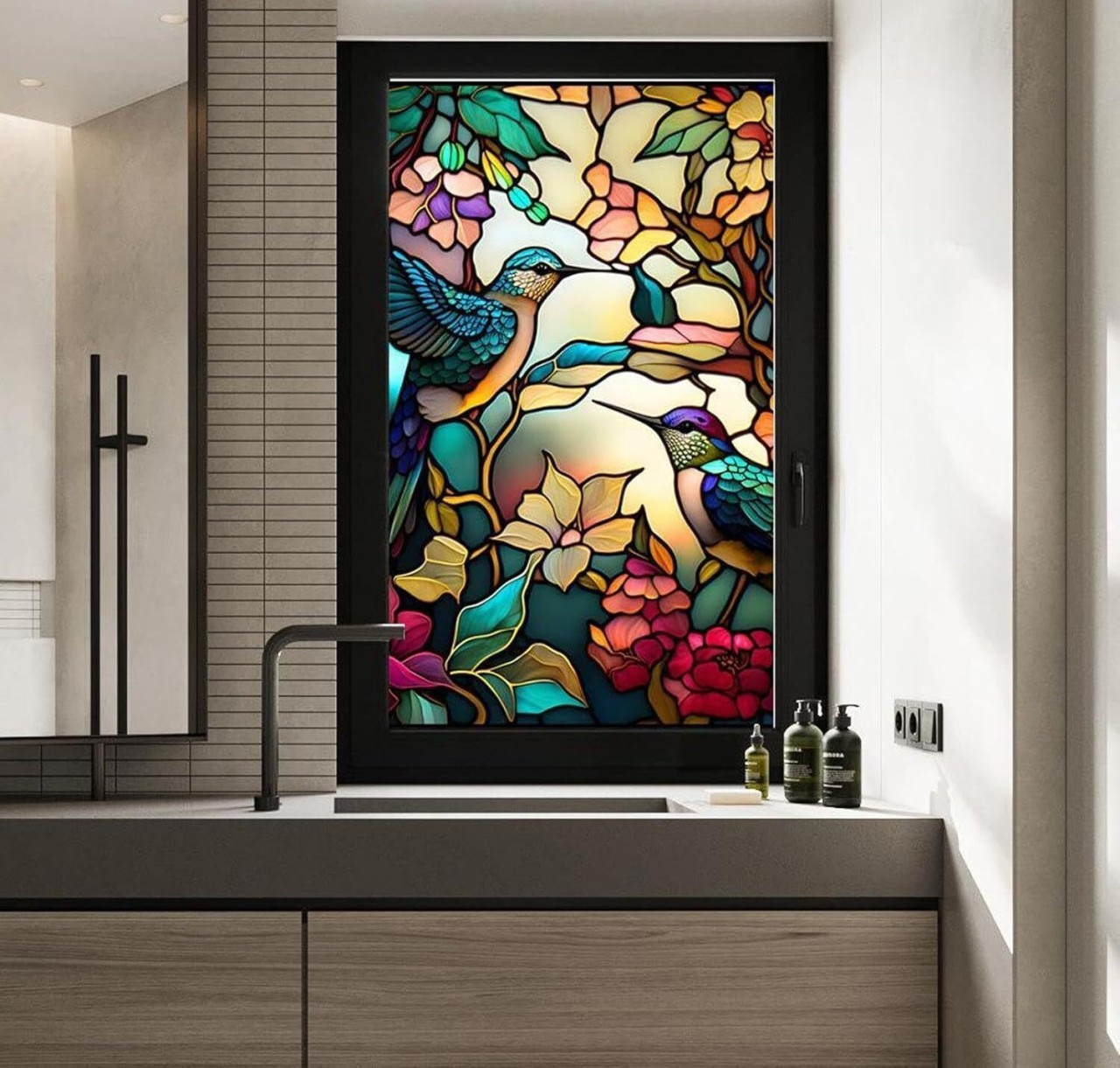 Folie autoadezivă vitraliu pentru geam 100 x 60 cm, model Pasărea Colibri [3]