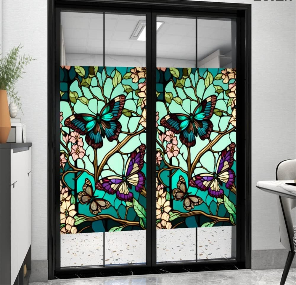 Folie vitraliu autoadezivă pentru geam 100 x 60 cm, model Fluturi și flori, UV 400 [3]