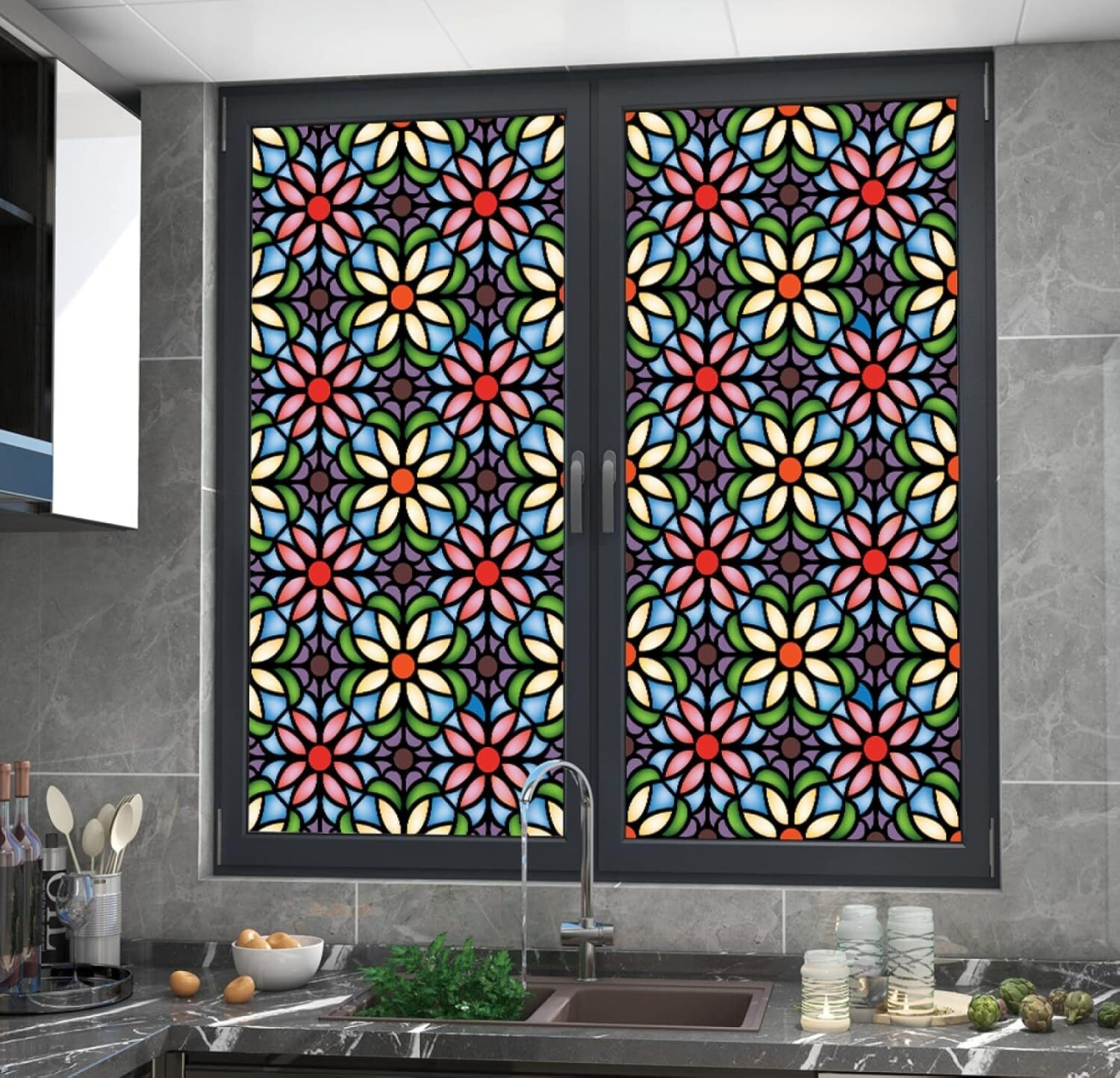 Folie autoadezivă vitraliu pentru geam 100 x 60 cm, model Floral [3]