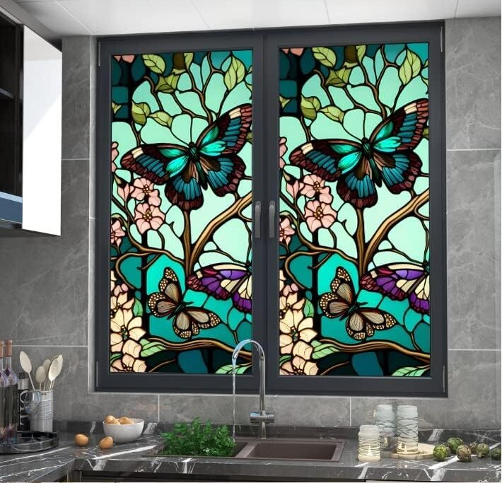 Folie vitraliu autoadezivă pentru geam 100 x 60 cm, model Fluturi și flori, UV 400 [5]
