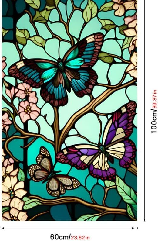 Folie vitraliu autoadezivă pentru geam 100 x 60 cm, model Fluturi și flori, UV 400 [6]