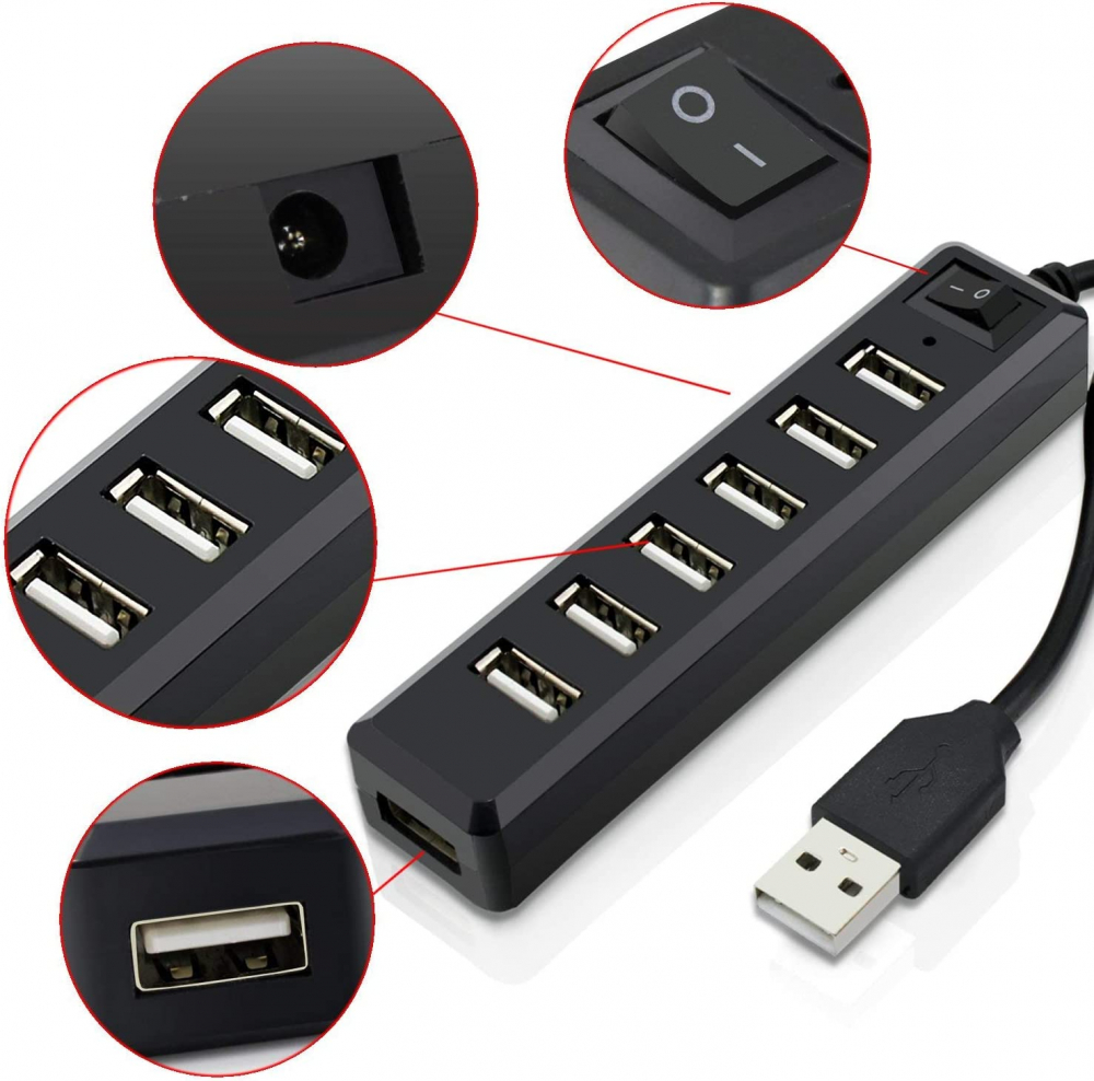 Hub cu 7 Porturi USB cu Transfer Super Rapid 480mbps Hi-Speed, Buton On/Off, Negru, CBD CORAL BEST DEALS Negru [3]