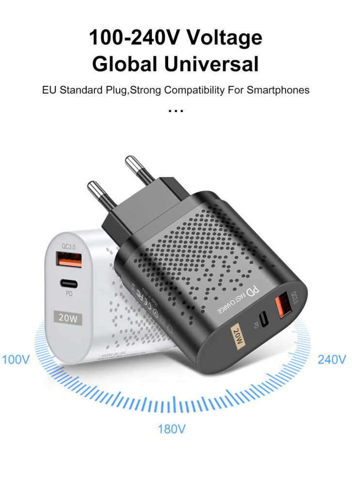 Incarcator Retea cu 2 Porturi USB Ultra Charge 1x USB 3.0 si 1x USB Tip Csi Priza Inteligent cu Incarcare Super Rapida Compatibil Universal, Negru Negru 5 Ah [15]
