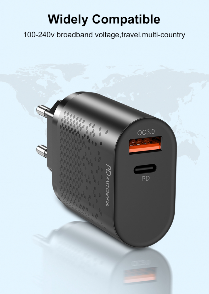 Incarcator Retea cu 2 Porturi USB Ultra Charge 1x USB 3.0 si 1x USB Tip Csi Priza Inteligent cu Incarcare Super Rapida Compatibil Universal, Negru Negru 5 Ah [10]