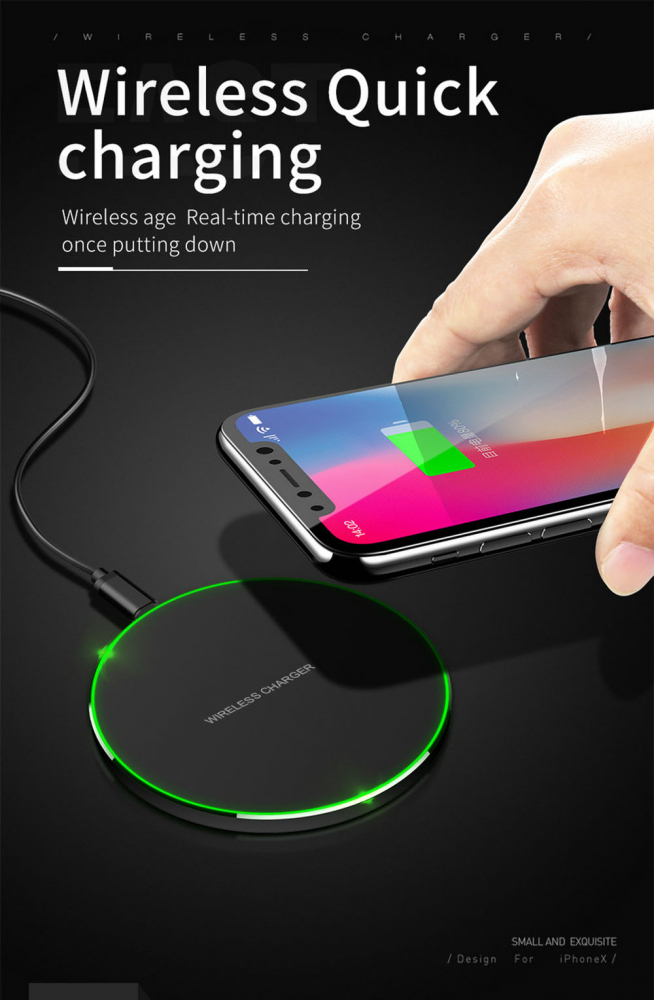 Incarcator Wireless Fast Charge Ultra Slim cu Lumina LED si Finisaje Premium cu Compatibilitate Universala Android IOS, CBD CORAL BEST DEALS Negru 1.5 Ah [10]