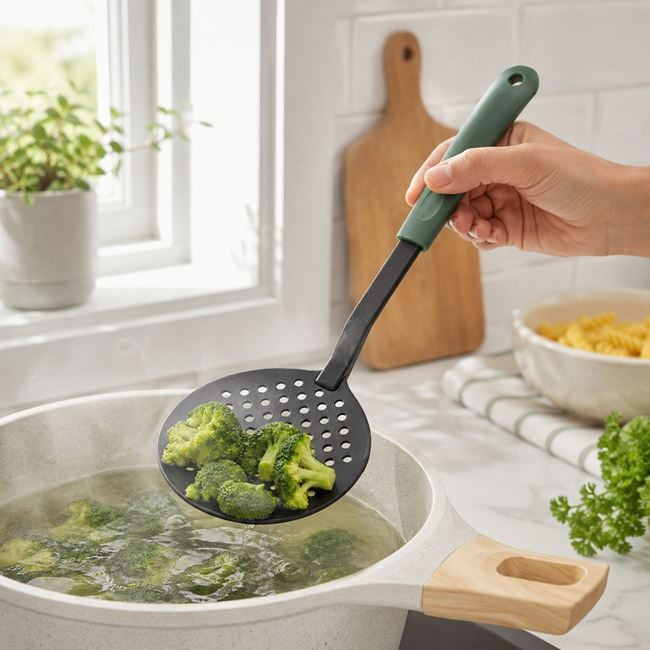 Lingură Perforată Antracit cu Mâner Verde 33 cm [2]