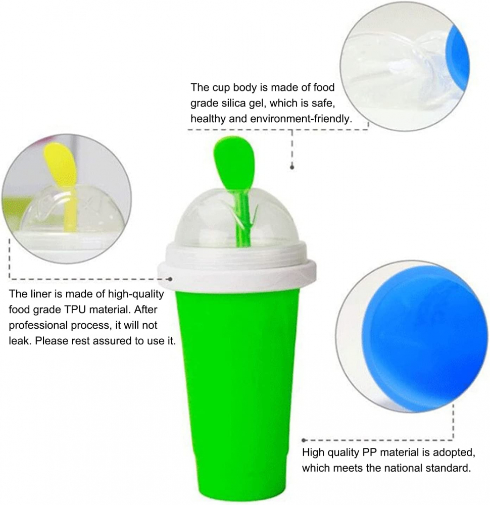 Pahar pentru Facut Slushy, MilkShake si Suc Inghetat, Compatibil Congelator, 250ml cu Lingura si Pai 2in1, Silicon Premium, Albastru, CBD CORAL BEST DEALS Albastru [5]