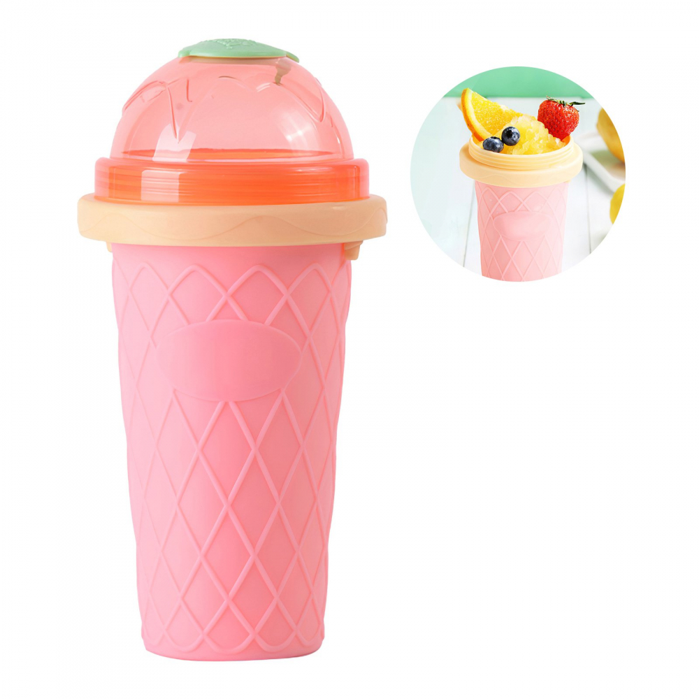 Pahar pentru Facut Slushy, MilkShake si Suc Inghetat, Compatibil Congelator, 250ml cu Lingura si Pai 2in1, Silicon Premium, Roz, CBD CORAL BEST DEALS Roz [4]