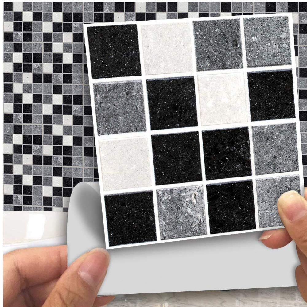 Set 19 Stickere Decorative pentru Faianta sau Perete, 10 x 10 cm, Negru Mat, Autoadeziv, Mozaic Multicolor 10 cm [5]
