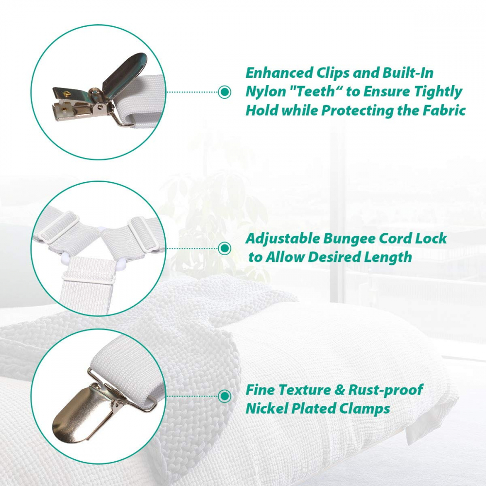 Set 4 Bretele Elastice cu Clesti Metalici pentru Prinderea Cearseafurilor si Lenjeriei de Pat, Alb CBD CORAL BEST DEALS Alb [4]